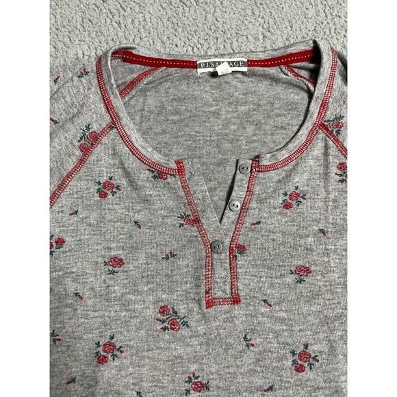 P.J. Salvage Pajama Top Small Long Sleeve Floral Rose VNeck Gray Red Light Shirt - Picture 2 of 11